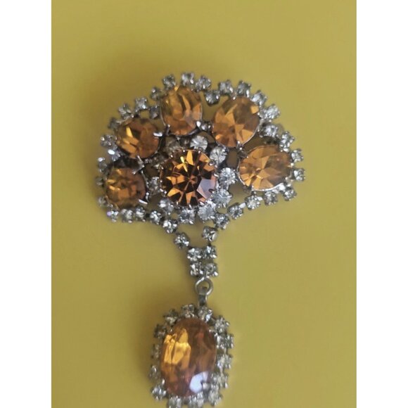 Vintage Amber Rhinestone & Cubic Zirconia Brooch 3" long x 1.75" wide - Picture 2 of 8